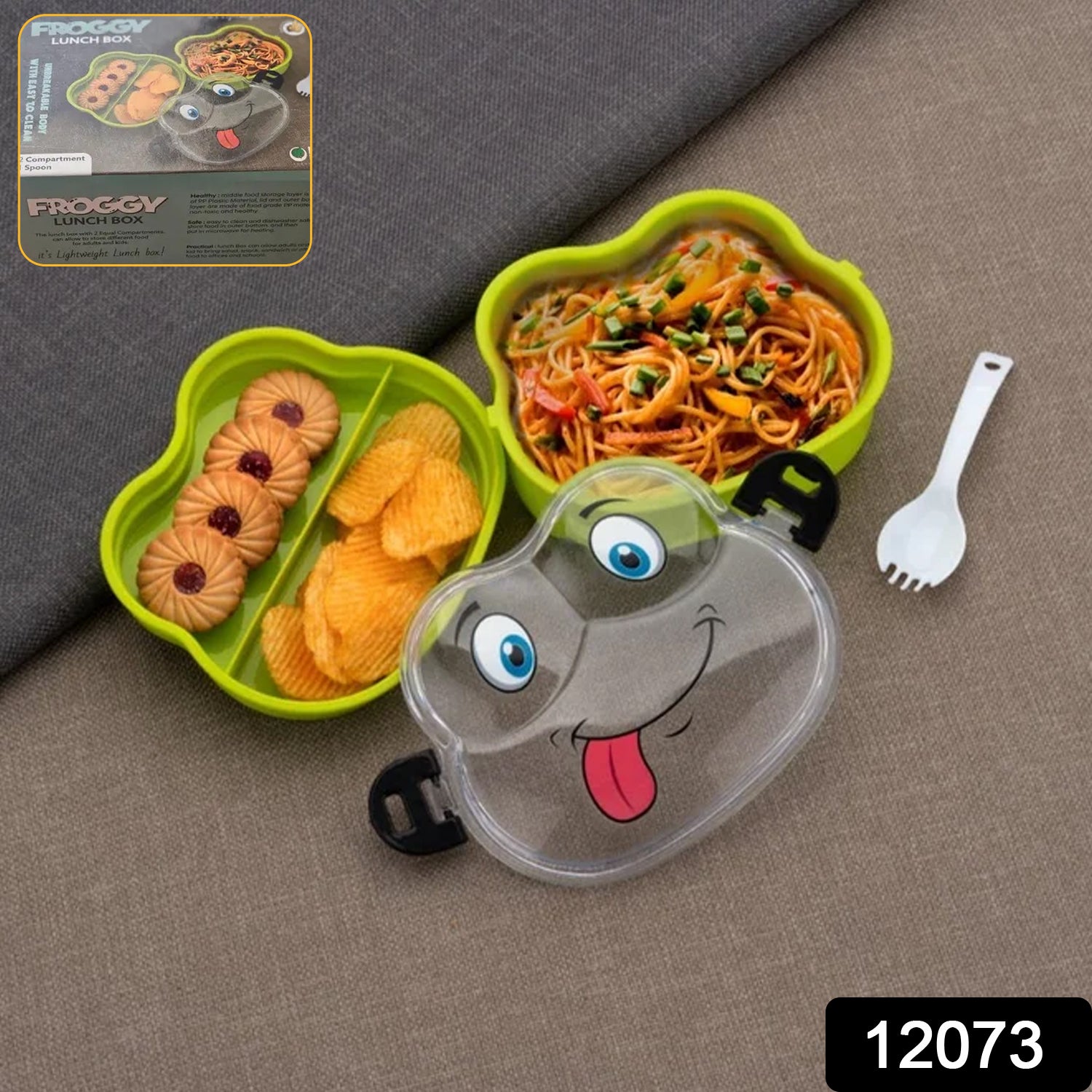 Double Layer Froggy Shape Lunch Box With Spoon (1 Pc Mix Color)