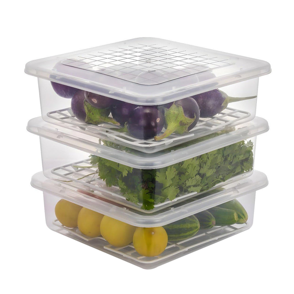 Food Storage Containers With Removable Drain Tray And Lid (3 Pcs Set)