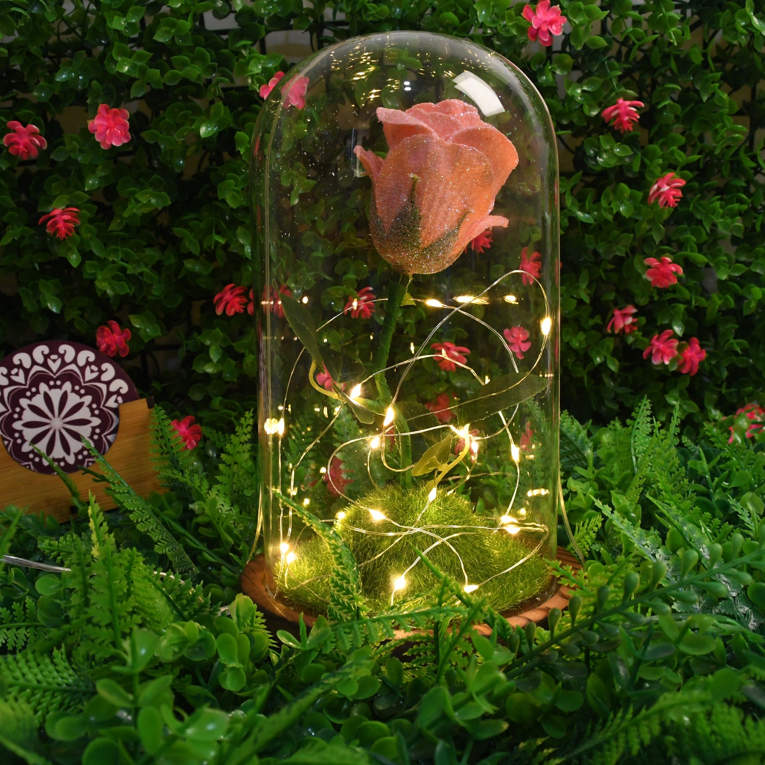 Eternal Bloom: LED-Lit Glass Flower Dome – A Timeless Gift of Light & Beauty