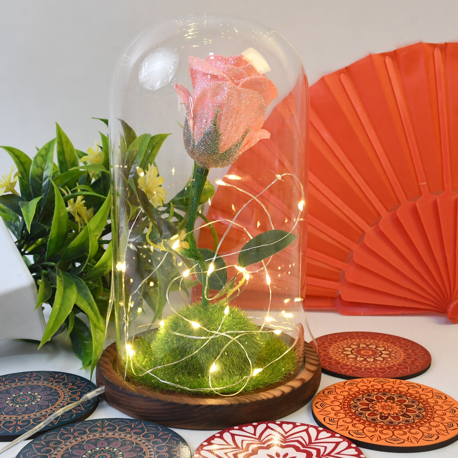 Eternal Bloom: LED-Lit Glass Flower Dome – A Timeless Gift of Light & Beauty