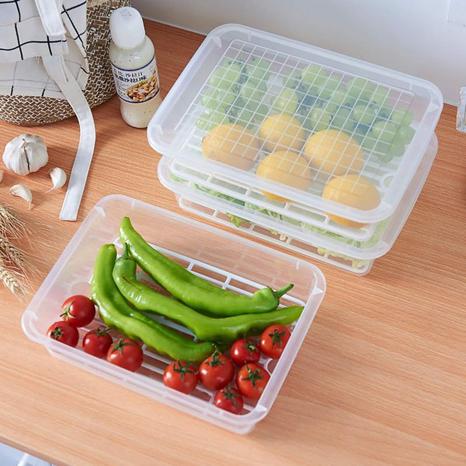 Food Storage Containers With Removable Drain Tray And Lid (3 Pcs Set)