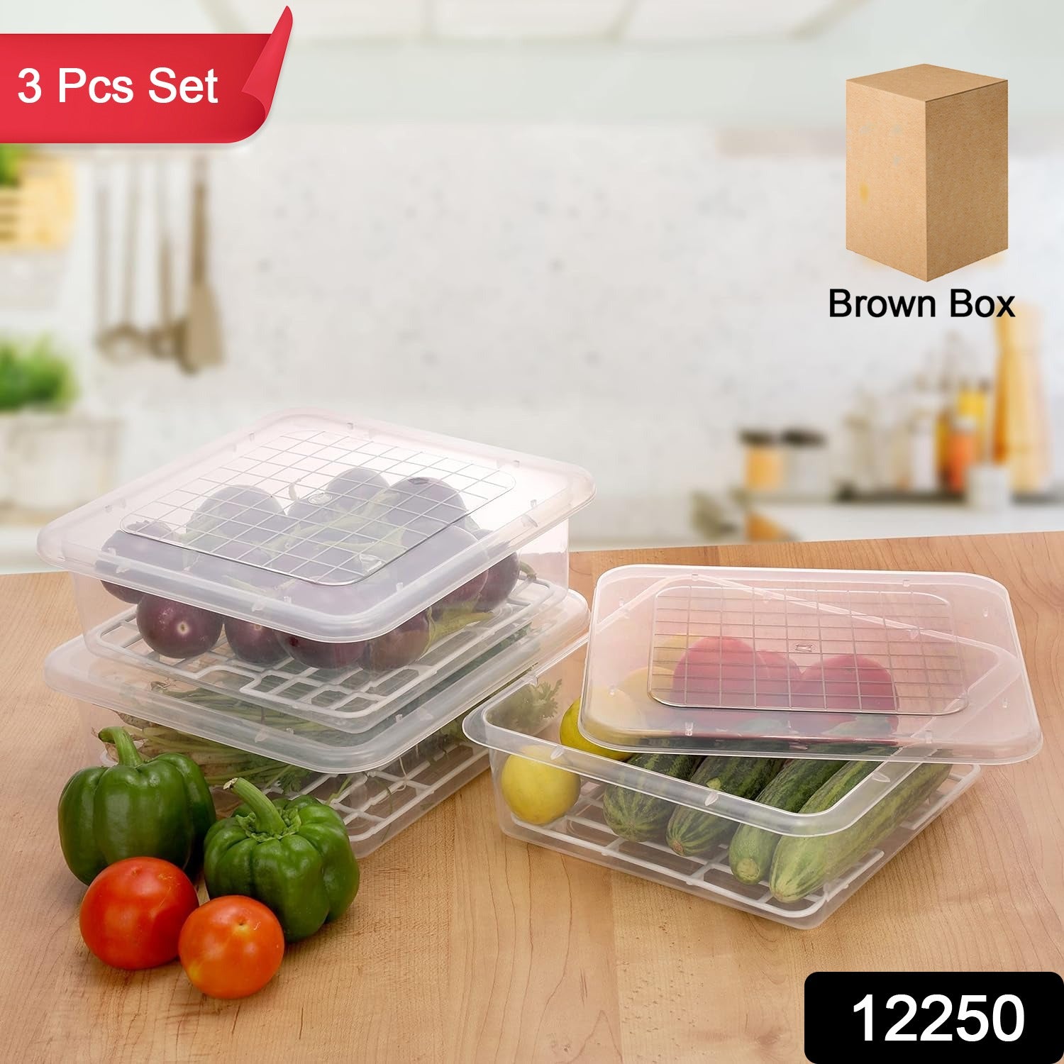 Food Storage Containers With Removable Drain Tray And Lid (3 Pcs Set)