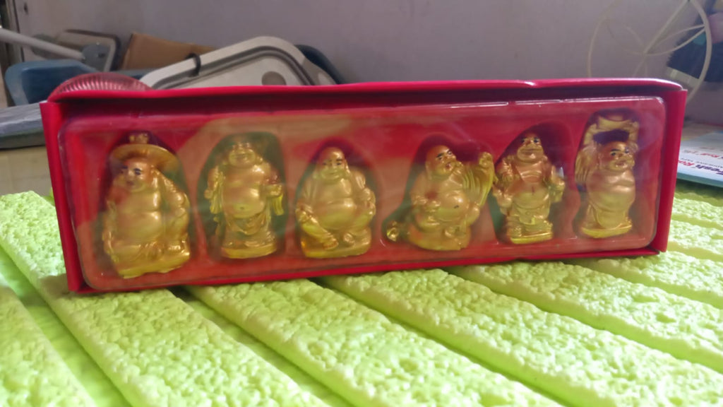 Golden Laughing Buddha Set Of Six Pieces Statue For Happiness Wealth  Good Luck Decor For Wealth And Success (6 Pcs Set)