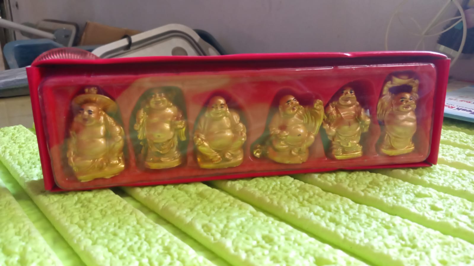 Golden Laughing Buddha Set Of Six Pieces Statue For Happiness Wealth  Good Luck Decor For Wealth And Success (6 Pcs Set)