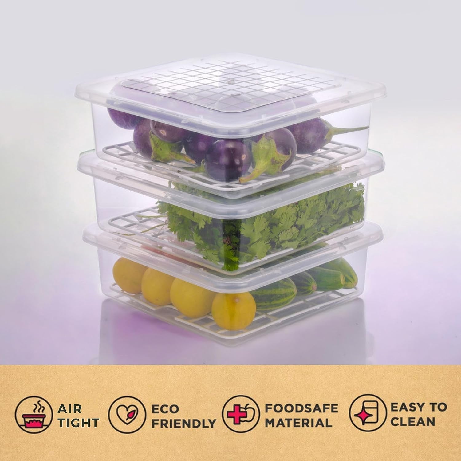 Food Storage Containers With Removable Drain Tray And Lid (3 Pcs Set)