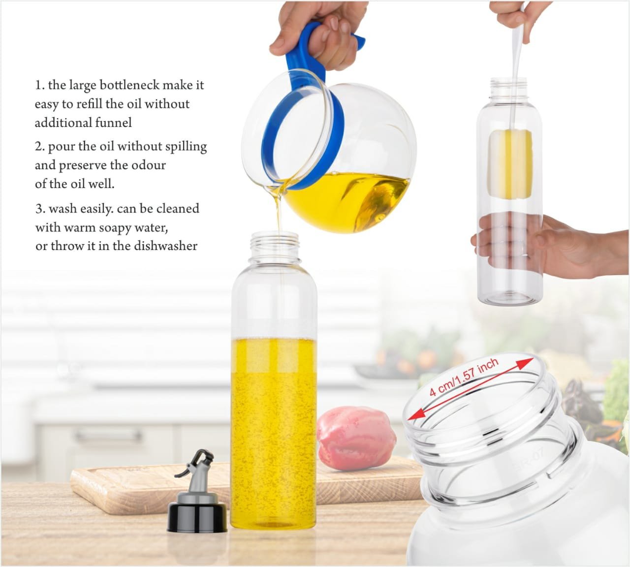 Oil Dispenserwith Lid - Clear Drip Free Spout Controlled Use - 1 Liter