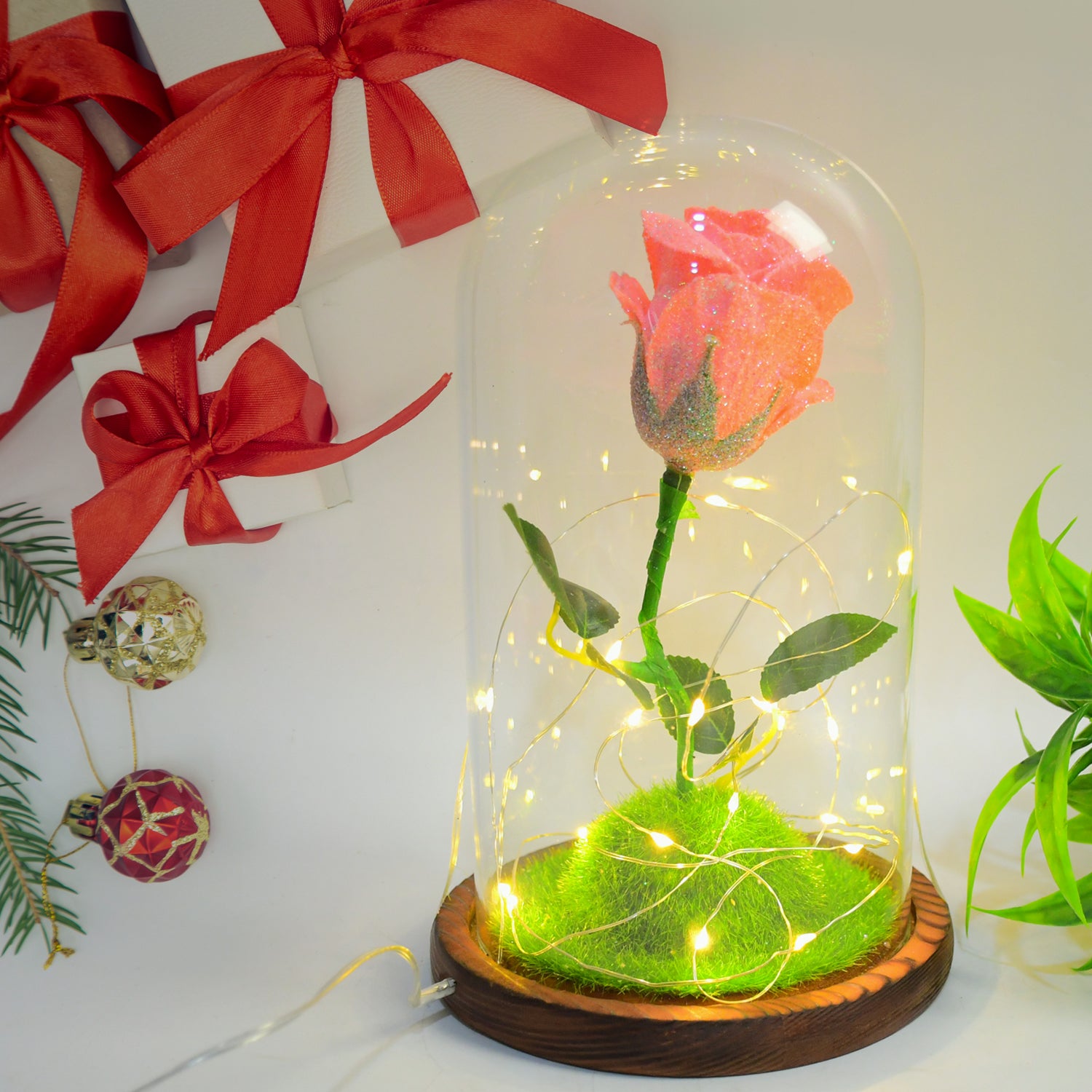 Eternal Bloom: LED-Lit Glass Flower Dome – A Timeless Gift of Light & Beauty